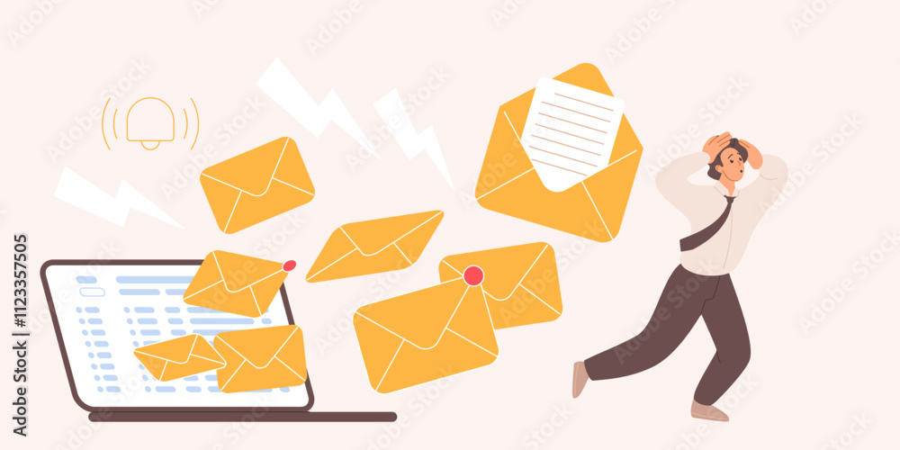 Poster mailbox overload with spam messages, mail platform alert, fraud and scam letter delivery. tiny busin