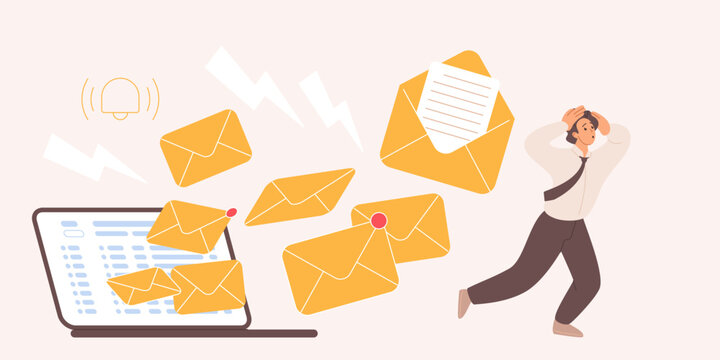 Mailbox overload with spam messages, mail platform alert, fraud and scam letter delivery. Tiny businessman running away in fear from many envelopes on laptop screen cartoon vector illustration