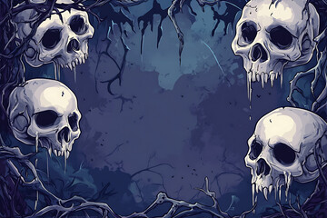A dark, eerie illustration featuring skulls entwined in vines against a gloomy background.