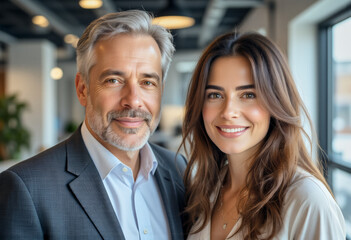 A portrait business headshot photo of colleagues in a modern business office: A man and a woman standing next to each other.