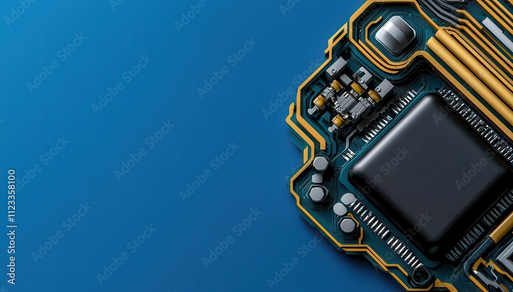 Aufkleber Close-up of a circuit board featuring intricate patterns, components, and a dark chip against a blue background, showcasing technology and innovation.
