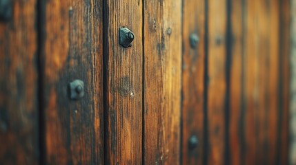 Fototapeta premium Textured wooden door with dark metal studs captures rustic charm in an old building