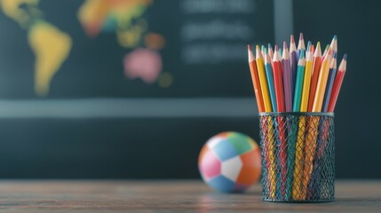 School desk scene featuring colorful pencils, a globe, and textbooks, set against a softly blurred blackboard, embodying primary education and the back-to-school spirit.