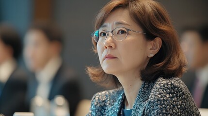 Fototapeta premium A woman attends a global seminar on AI ethics, discussing the role of artificial intelligence in balancing data privacy and innovation.