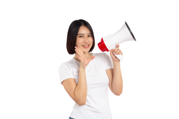 Asian woman smiling face holding megaphone shouting, posing isolated on white background, with copy space