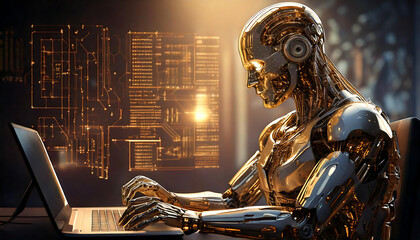 Golden Futuristic Cybernetic Humanoid with Digital Cityscape