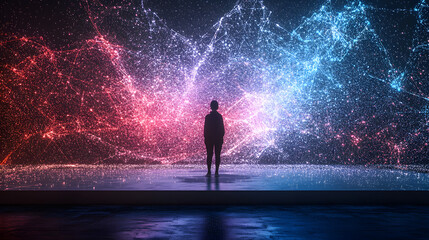 A futuristic vision of a person standing on a platform surrounded by digital geometric holograms in the air.