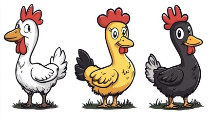 Fototapeta premium Three Delightful Cartoon Chickens: White, Yellow, and Black Hens Illustration