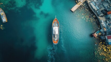 Obraz premium Aerial view of a boat docked in crystal clear turquoise waters near a coastal pier