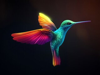 Obraz premium Beautiful 3D hummingbird logo in bright colors, captured in flight against a rich, dark background. Detailed vector illustration in full ultra HD.