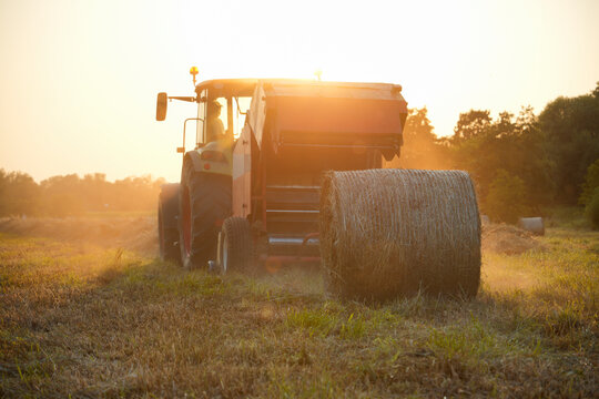 Tractor baling hay in a field at sunset. Modern agricultural machinery for efficient haymaking and livestock feed production, farmer work and agricultural productivity