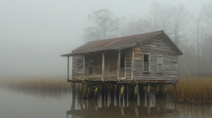 A deteriorating swamp cabin, its stilts sinking into the marshy ground, surrounded by eerie mist.