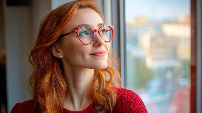 Mujer pelirroja con gafas mirando por la ventana con expresi&oacute;n positiva