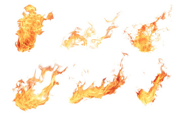 Realistic fire flame effect set isolated on transparent or white background, png 