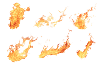 Realistic fire flame effect set isolated on transparent or white background, png 