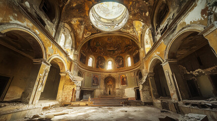 A dilapidated basilica with fading frescoes and a roof open to the night sky.