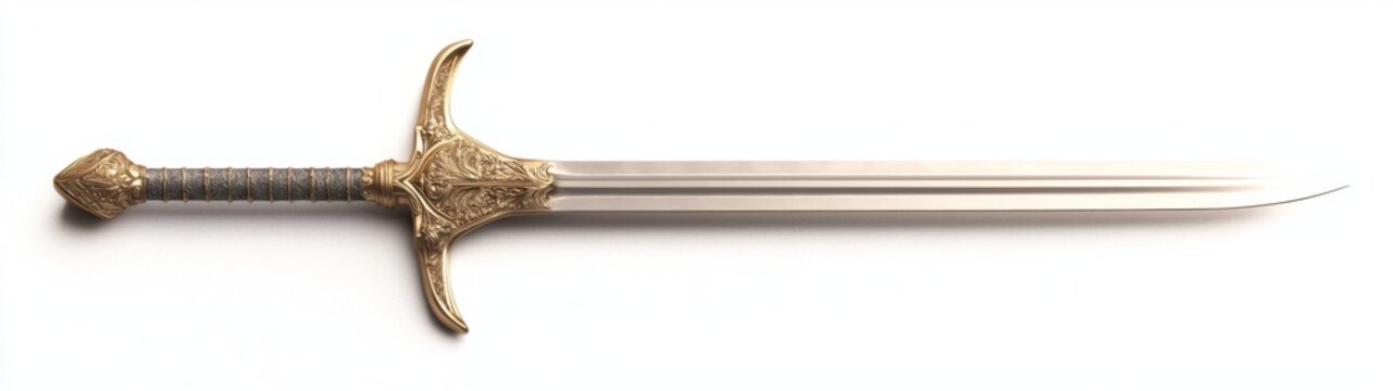 Elegant golden sword with an elongated blade, displaying intricate details and a lustrous finish, set against a pristine white background, showcasing its fantasy elements.