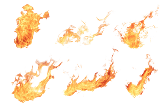 Realistic fire flame effect set isolated on transparent or white background, png 