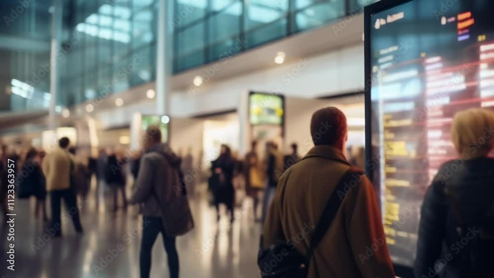 Poster Travelers consulting a large digital screen displaying flight schedules and gate information in a busy airport terminal, emphasizing the need for real time updates