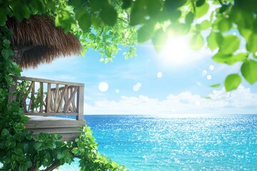 Rustic treehouse balcony surrounded by lush green leaves and soft sunlight, creating a peaceful and natural setting.