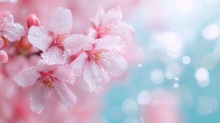 Delicate cherry blossoms in full bloom, showcasing intricate petals and rich textures, immersed in a soft, dreamy background that highlights their vibrant colors.