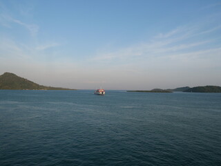 Summer blue sky, rainy season, gradient clouds, bright white and blue background. The beauty of bright clouds in the sun, the calm and clear winter air. The gloomy blue-green landscape in the environm