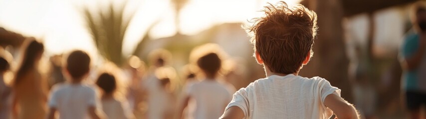Jesus welcoming children with open arms, joyful faces running towards him, a moment of pure happiness and connection, evoking warmth and innocence in a sacred setting.