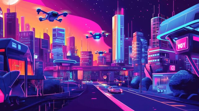 Futuristic cityscape at night with flying drones and neon lights.