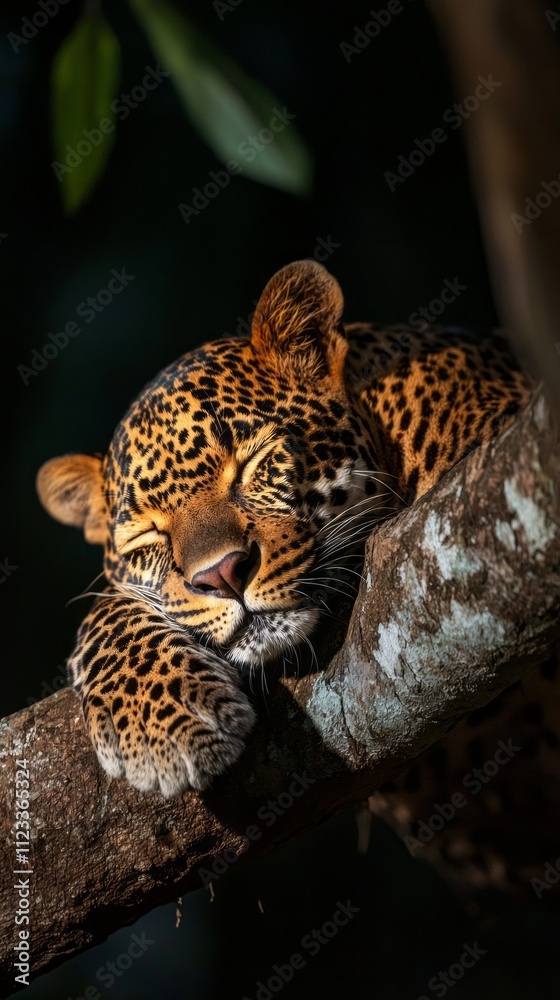 Aufkleber a beautiful javan leopard relaxes on a tree branch, soaking in the warmth of the morning sun while s