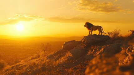 Naklejka premium Majestic Lion Silhouetted Against Vibrant Sunset in Savanna