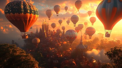 Obraz premium A vibrant scene of multiple hot air balloons ascending in the air