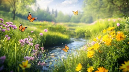 peaceful meadow in spring, filled with wildflowers in full bloom, butterflies fluttering, and a gentle stream flowing through the grass