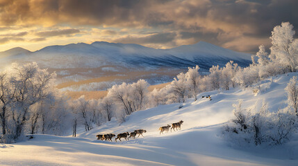 Obraz premium A husky sled team crossing a snowy ridge with a herd of reindeer running below against a backdrop of dramatic Lapland peaks.