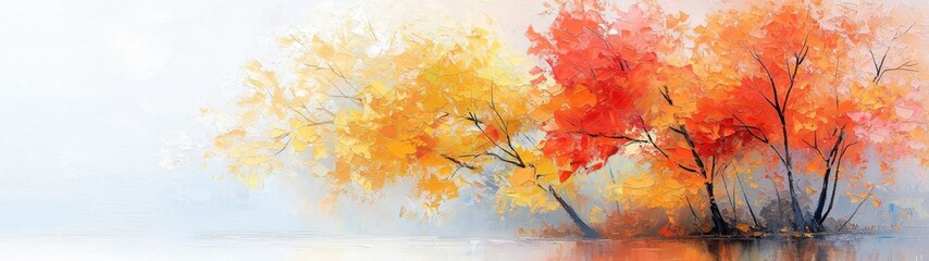 Vibrant Autumn Forest Reflection, a semi-abstract portrayal of colorful trees with yellow and red leaves by a serene lake, evoking the beauty of fall's embrace in nature.