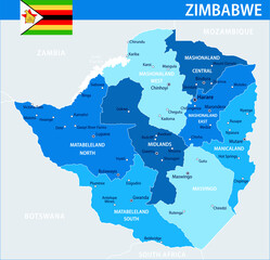 Naklejka premium Zimbabwe Map Vector Blue Spot - Customizable layered political map of Zimbabwe with administrative divisions for website, education, reports, news, politics, print, poster and wallpaper