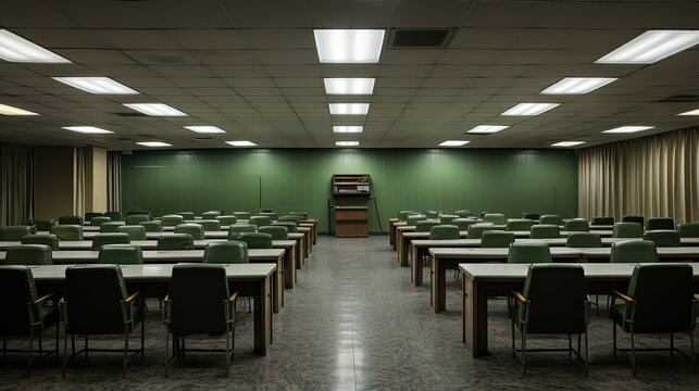 Empty meeting room with scattered budget papers and vacant chairs, symbolizing the aftermath of intense decision-making and strategic planning sessions.
