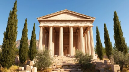 Fototapeta premium A classical temple stands majestically with tall columns, surrounded by cypress trees under a clear blue sky, showcasing ancient architectural beauty.