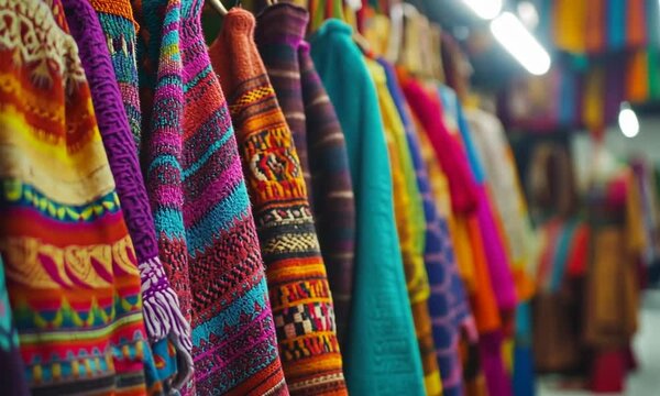 Vibrant Collection of Hand-Knit Andean Textiles Hanging in a Market