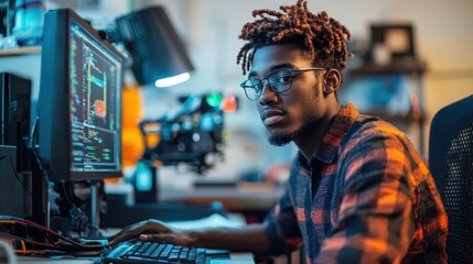 Focused young man working on computer programming, with coding on screen and creative workspace, showcasing determination and modern technology skills