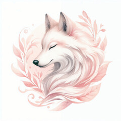 Fototapeta premium Elegant white wolf with flowing fur surrounded by delicate floral accents in a soft color palette