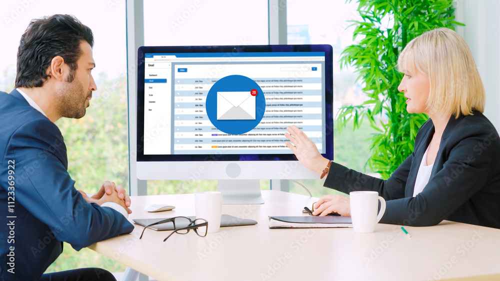 Poster email notification message showing on computer screen snugly. digital marketing message information 