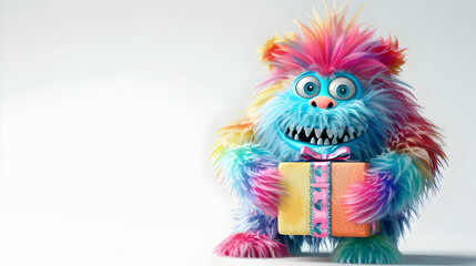 Naklejka premium Rainbow Furry Monster 3D Illustration Holding Gift
