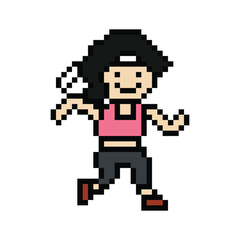 Obraz premium Cute cartoon run exercise pixel cartoon 8bit character woman lady run or running jog cardio lifestyle for decoration life style 8 bit female jog marathon exercise png vector.