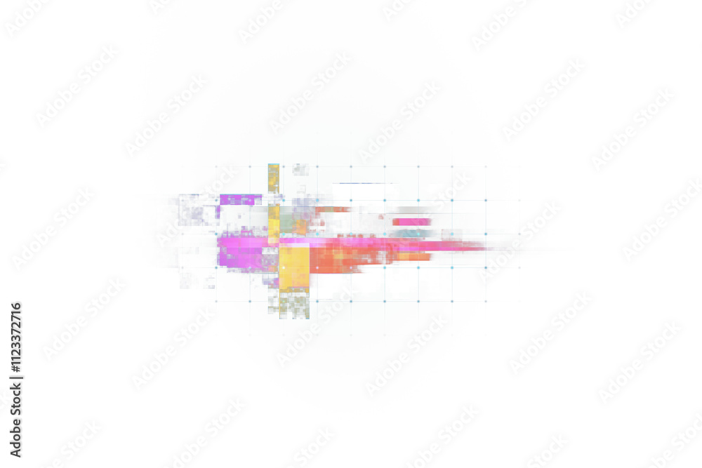 Poster Abstract grid with colorful digital blocks and pixelated streaks, on a clean white background. Concept of modern technology and data. 3D Rendering.