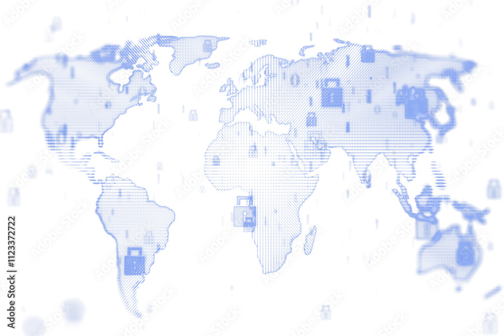 Poster Digital world map with blue security lock icons, stylized lines on white background, concept of cybersecurity and global data protection. 3D Rendering.