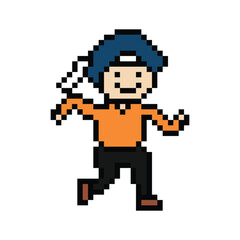 Naklejka premium Cute pixel cartoon exercise run 8bit character man run or running jog cardio lifestyle for decoration life style 8 bit male boy jog marathon exercise png vector.