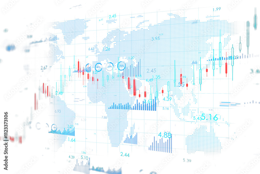 Aufkleber Abstract global map with financial graphs, candlestick charts, and figures in a digital style, set on a clean white background. Concept of data. 3D Rendering.