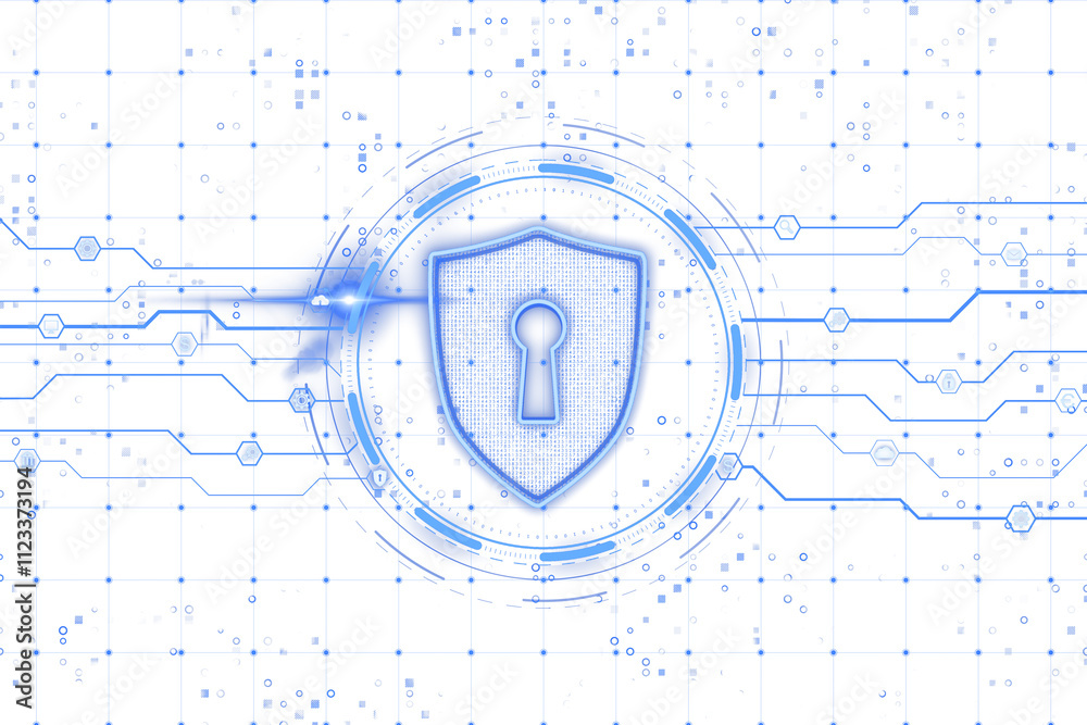 Poster shield with keyhole encircled by digital blue lines, holographic style, on white grid background. co