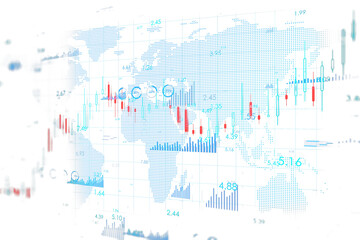 Obraz premium Abstract global map with financial graphs, candlestick charts, and figures in a digital style, set on a clean white background. Concept of data. 3D Rendering.