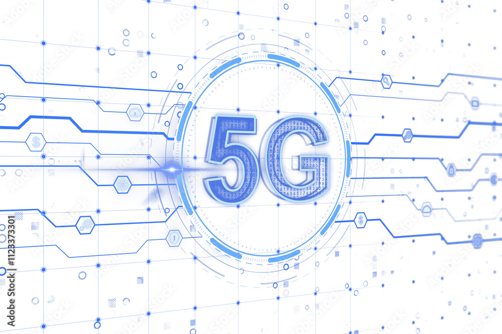 Poster 5G text surrounded by blue neon lines, digital holographic elements and geometric patterns on white background. Concept of tech advancement. 3D Rendering.